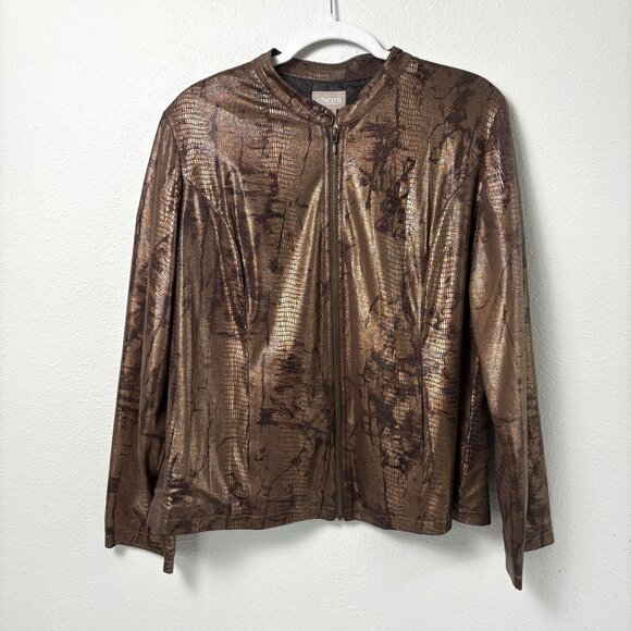 Chicos Jacket Size 2 US L Brown Metallic Snake Reptile Long Sleeve Full Zip - Picture 1 of 12